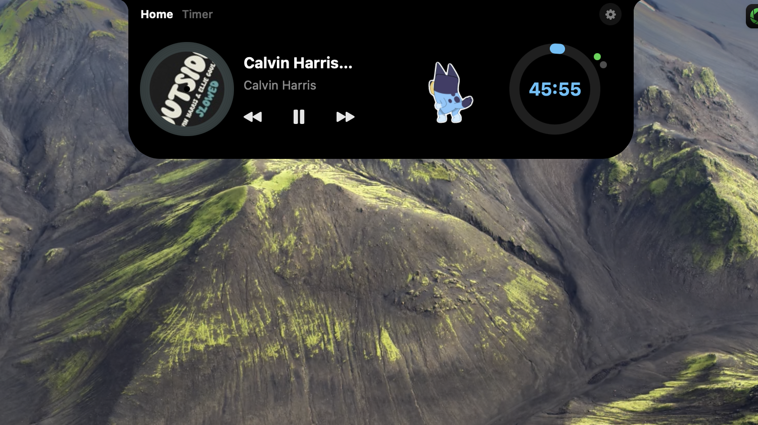 MusicNotch — expanded player with album art, controls, and timer