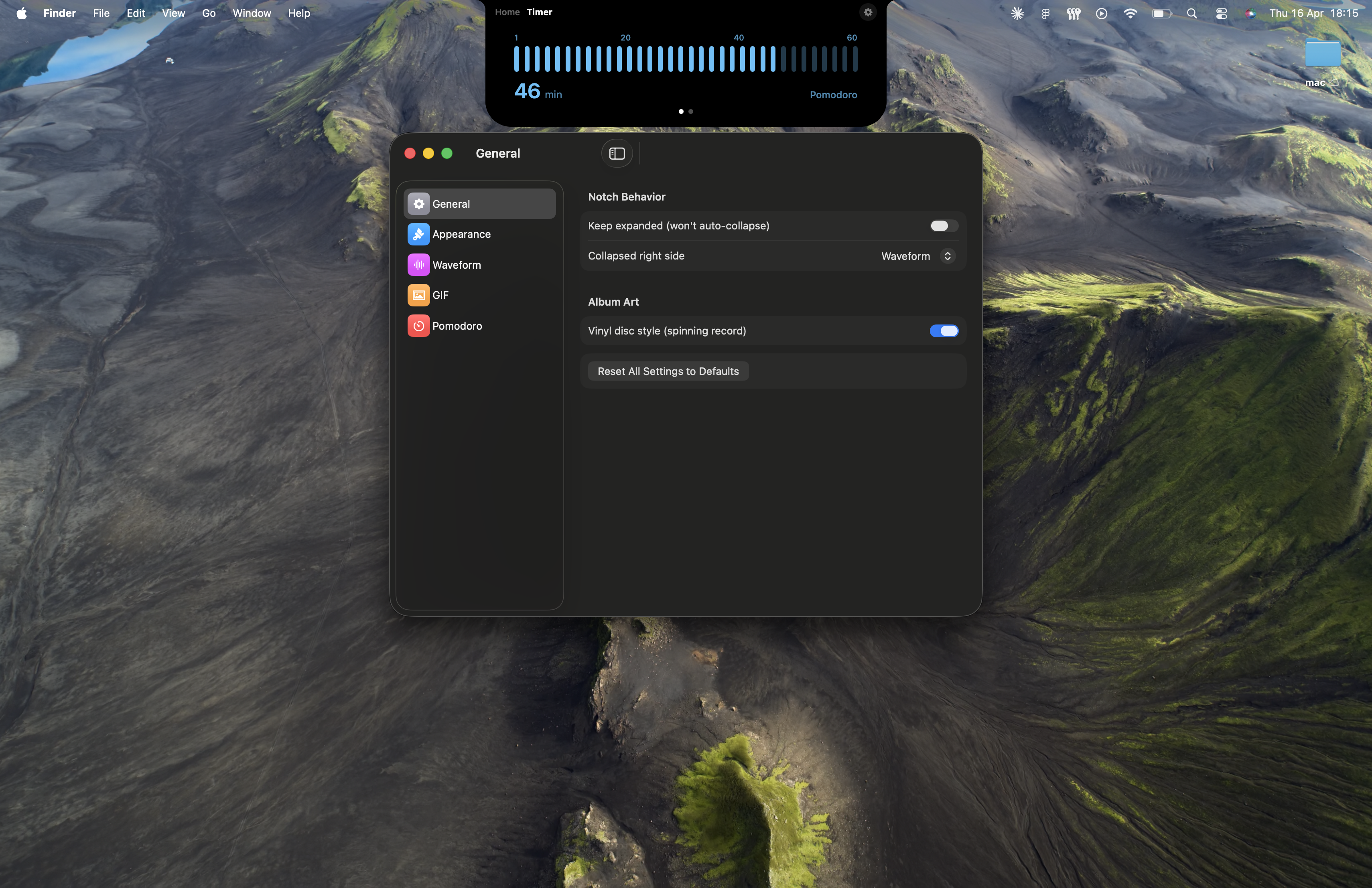 MusicNotch settings — General, Waveform, GIF, Pomodoro options